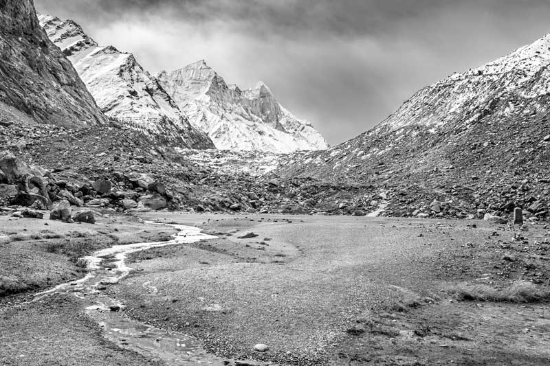 A view of Bhagirathi valley from where Gaumukh and Gangotri glacier receded in the 1990s in Uttarkashi district, Uttarakhand